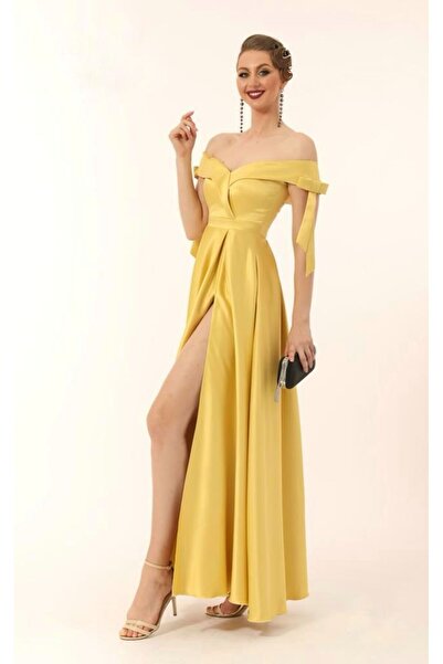 ANAIL Fashion Rochie din tafta galbena cu croiala ampla,si deschidere laterala