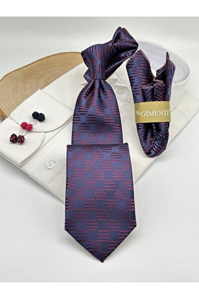 Gutiero Claret Red Navy Blue Patterned Classic Tie with Handkerchief