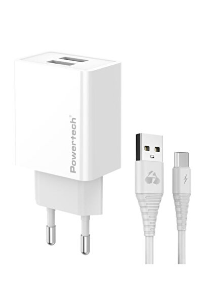 POWERTECH Φορτιστής με 2 θύρες USB-A και καλώδιο USB-C 12W Λευκό (PT-1324)