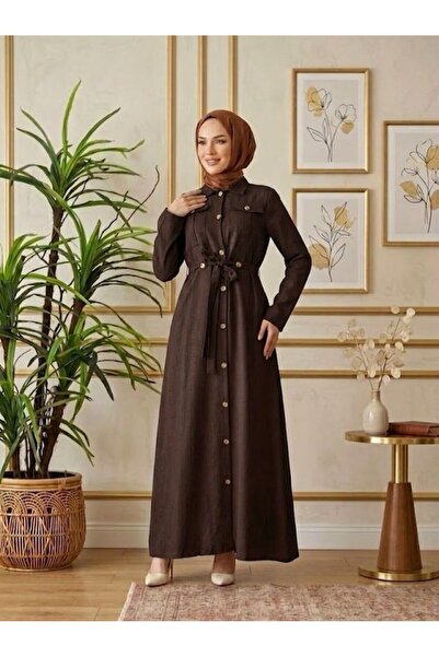 ELZORA WEAR Sofia Keten Kuşaklı Düğmeli Uzun Kap