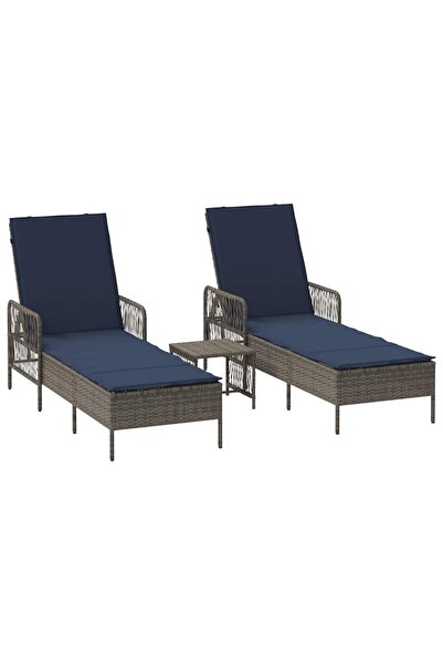 vidaxl Șezlong 3 pcs Gri și albastru marin 200 x 55 x 92 cm poliratan