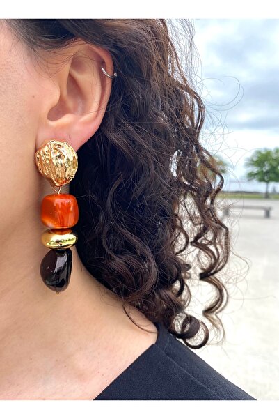 milayk Hanging Chunky Gold Brown Round Detailed Earrings