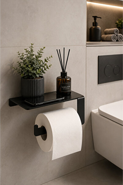 YDGR Mat Siyah Metal Wc Tuvalet Kağıdı Askılığı Telefon Standlı