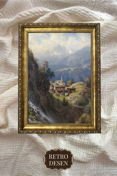 Retro Vintage Çerçeveli Manzara Tablosu, Manastır Tablosu, Sanatsal Baskı, Du...