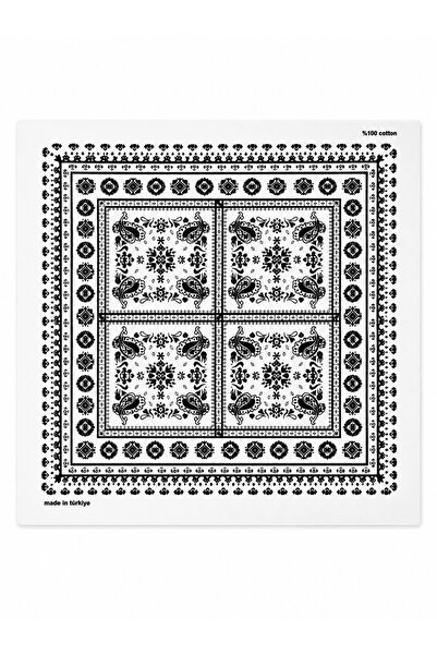MOORİ Siyah Beyaz Etnik Desenli Bandana Fular 55x55 cm Pamuklu Kaymaz Kumaş U...