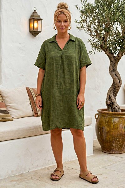 Chiccy Green Shirt Collar Short Sleeve Patterned Casual Viscose Woven Dress 1...