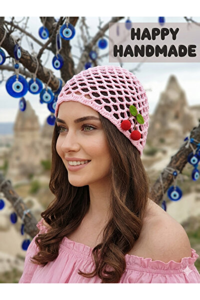 HAPPY HANDMADE Cherry Crochet Hat/Hair Net/Net Beanie/Viral Hat/Bandana/Gift