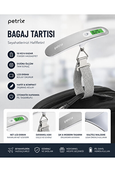 Petrix Portatif Dijital Askılı Tartı 50 Kg LCD Göstergeli Bavul Tartısı Kargo...