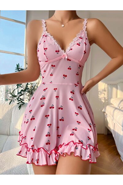 Lily Bianca Nightwear Kİraz Desenli Askıları Dantel Detaylı Tanga Hediyeli Pe...