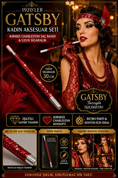 Tamsena Store Kırmızı Gatsby Charleston Kadın Aksesuar Seti 1920’ler Retro Sa...