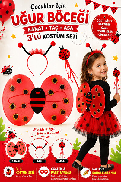 Tamsena Store Çocuk Uğur Böceği Kostüm Seti Kanat Taç Asa 3’lü Gösteri Parti ...