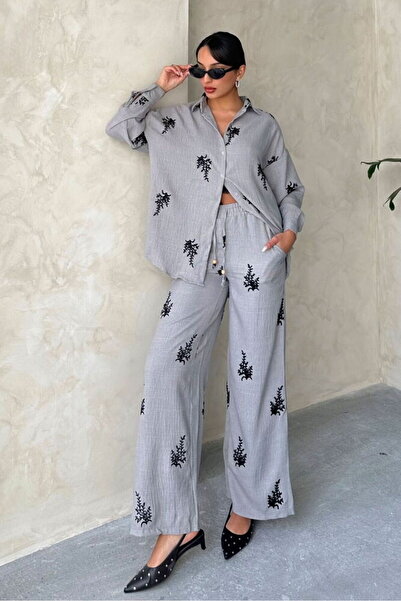 VERYMODA Pantaloni din in cu detalii brodate - Gri |   F1712