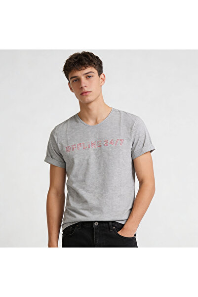 QualiTee Men's Gray Printed T-Shirt Offline 24/7 Written Basic T-Shirt