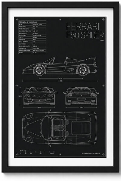 FERRARI F50 SPIDER Blueprint Line Art | Limited Edition A3 |