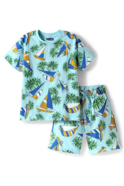 Pine kids Single Jersey Knit Half Sleeves Short Pajama Set with Boat & Tree P...