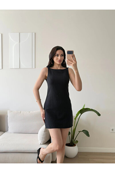 Zoom Butik Keten Sırt Fermuar Mini Elbise - SİYAH