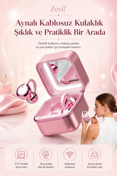 Zeo7 LED Işıklı TWS Kablosuz Kulaklık, Kulak Klipsli Mini Model ve Makyaj Ayn...