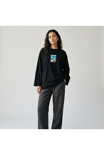 Grafftee Clothing Μαύρο μπλουζάκι Nubarco Oversize με φαρδιά γραμμή, μακρυμάν...