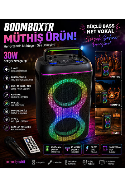 Boomboxtr 30W RGB Bluetooth Hoparlör Karaoke Mikrofonlu 2x6.5’’ Party Speaker