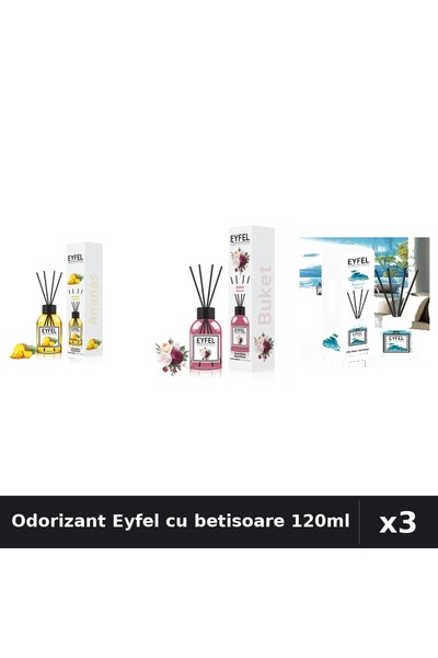 Eyfel Set 3 Odorizante Camera cu Betisoare - Ananas, Bouquet, Ocean 120ml