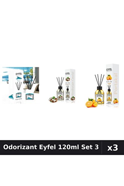 Eyfel Set 3 Odorizante Camera cu Betisoare 120ml - Ocean, Nuca Cocos, Portocala