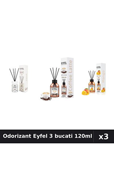 Eyfel Set 3 Odorizante Camera cu Betisoare - Bumbac, Cafea, Mango 120ml