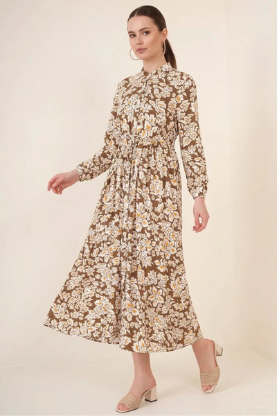 Generic Brand Women's High Collar Gathered Waist Buttoned Floral Patterned Vi...
