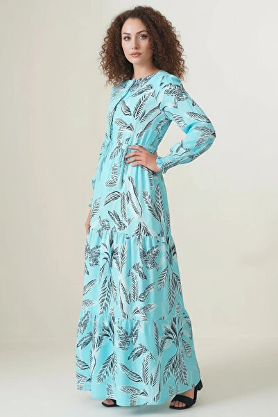 buğrahayalin Women's Round Neck Gathered Waist Leaf Patterned Viscose Turquoi...