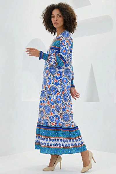 buğrahayalin Women's Round Neck Gathered Sleeve Floral Patterned Viscose Saks...