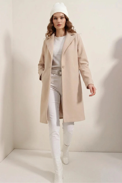 buğrahayalin Women's Classic Collar Cotton Beige Coat