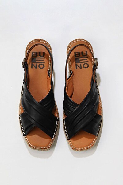 BUENO Shoes Siyah Deri Kadın Espadril Sandalet 01ws9912