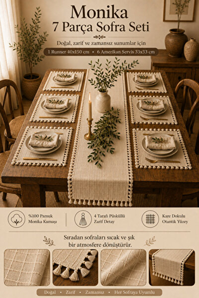 Morlay 7 Parça Monika Sofra Seti 1 Runner 6 Amerikan Servis Supla %100 Pamuklu Buldan Kumaşı Püsküllü Bohem 40x150 Masa Seti