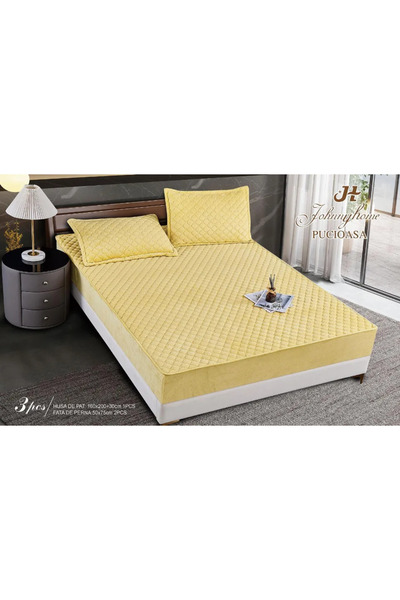 Pucioasa Topper-style fitted cover with elastic velvet 180x200, intense yello...