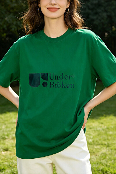 Fleck Womens T Shirts Under Broken Logo Print Casual Oversized Style Green Co...