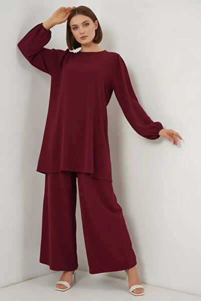 buğrahayalin Women's Round Neck Long Sleeve Burgundy Suit