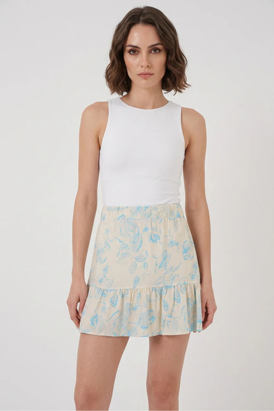buğrahayalin Women's Round Neck Ruffled Hem Floral Patterned Cream Skirt