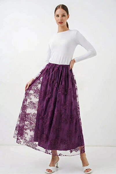 buğrahayalin Women's Long Flocked Printed Cotton Purple Skirt