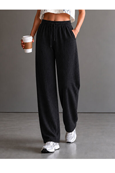 DEEPSENCE Women's Black Wrinkled Fabric Comfortable Fit Pants