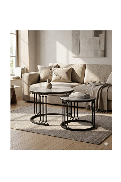 luxino Coffee Table Set, gray Round Surface with Black Iron Frame, 2-Piece Ne...