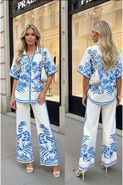 ByEsila Leaf Patterned Blue Linen Pants Shirt Suit