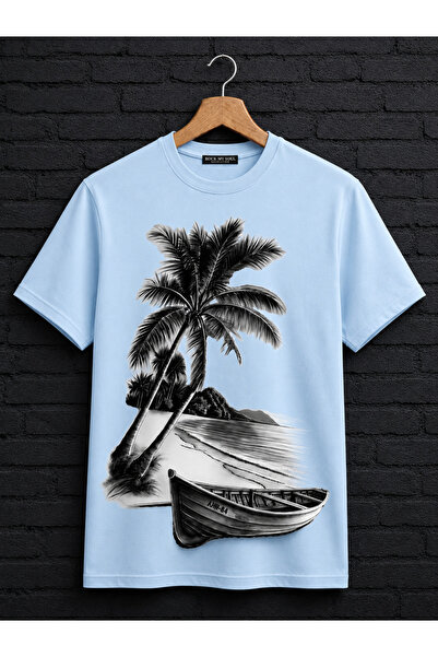 VODEXA Unisex Oversize T-Shirt with Boat Print on the Beach, 100% Cotton T-Sh...
