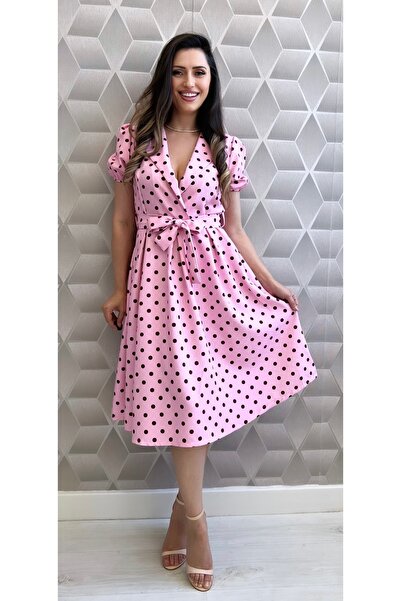 styleFlex Elegant Polka Dot Day Dress with Stretchy Waist and Drawstring