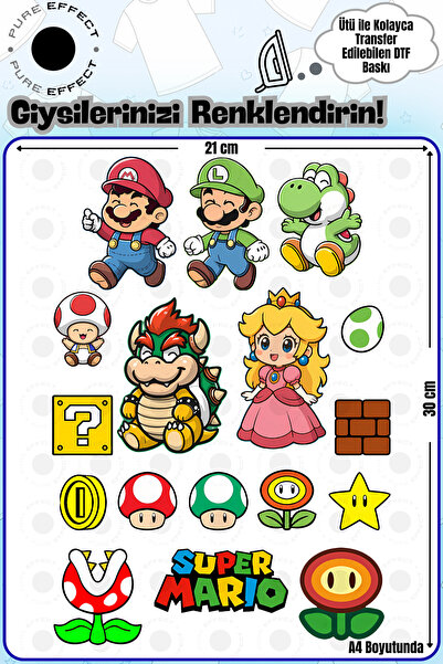 PURE EFFECT A4 Size Iron-On Transfer for Fabric - Super Mario - 1 Design Dtf ...