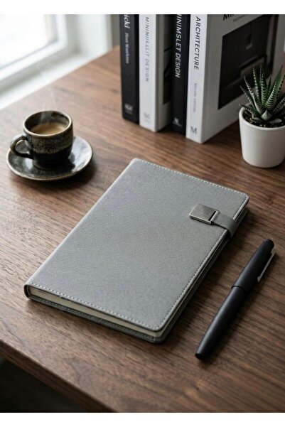 Mr.Notebook Kişiye Özel İsim Yazılı Metal Tokalı Gri Termo Deri Defter - Kale...