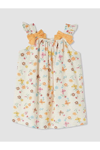 LC Waikiki Nevavm Girl's Dress with Bow and Floral Pattern