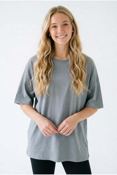 ELAFRO Women's Gray Oversize Comfortable Fit Combed Cotton Crew Neck T-Shirt