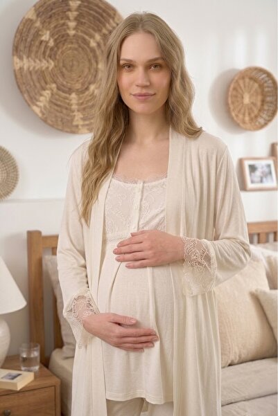 LOHOUSE Women's Ecru Lace Piece 3-Piece Maternity Pajama Set with Dressing Gown