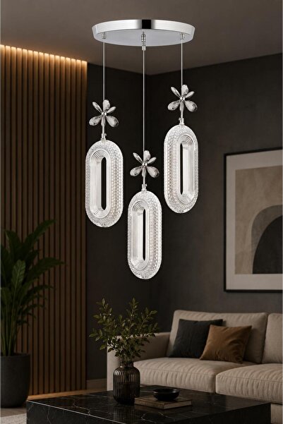 EY-EL TASARIM 3 LÜ DEFNE 3 RENK MODLU KRİSTAL TAŞLI LEDLİ SARKIT AVİZE KROM RENK