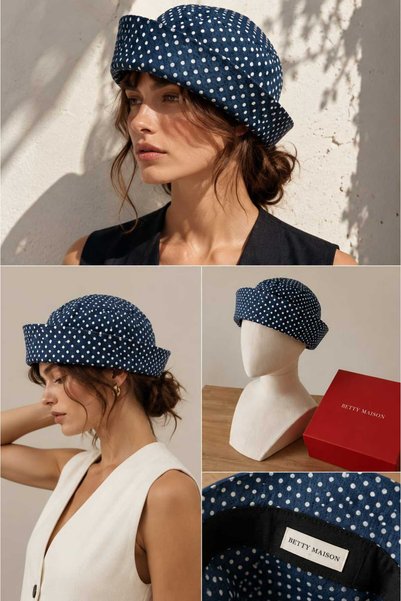 Handmade Betty Bands -Women's Navy Blue White Polka Dot Pillbox Docker Hat – Modern Sailor City Style Hat