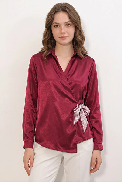 Efnaz style Women's Belted Double-Breasted Satin Burgundy Shirt